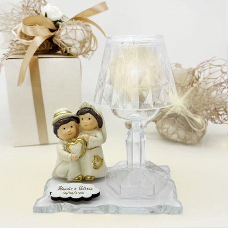 LAMPADA LED PORTAGIOIE CON COPPIA DI SPOSI E CUORE ORO SU BASE DI VETRO