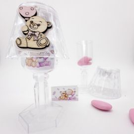 LUCE LED CON APPLICAZIONE IN LEGNO E ORSETTO CON PALLONCINO ROSA BOMBONIERA PER BATTESIMO E COMPLEANNO"