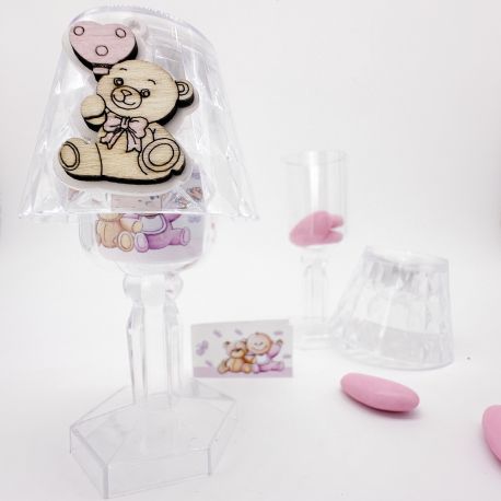 LUCE LED CON APPLICAZIONE IN LEGNO E ORSETTO CON PALLONCINO ROSA BOMBONIERA PER BATTESIMO E COMPLEANNO"