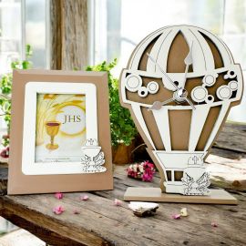 OROLOGIO MONGOLFIERA CON CORNICE BOMBONIERA ESCLUSIVA PER PRIMA COMUNIONE CON SIMBOLI SACRI