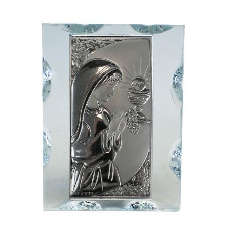QUADRETTO IN VETRO CON LAMINA ARGENTATA A SBALZO BIMBO IN PREGHIERA BOMBONIERE COMUNIONE