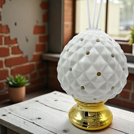 PROFUMATORI PER AMBIENTI PIGNE PUMI PORCELLANA BIANCA E ORO CON LED BOMBONIERE MATRIMONIO