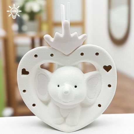 LAMPADA LED CUORE CON ELEFANTINO E CORONA ROSA BATTESIMO BIMBA