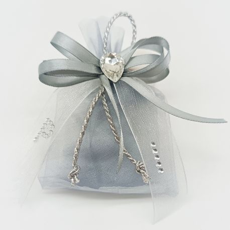 SACCHETTI BOMBONIERE NOZZE D'ARGENTO 25 ANNIVERSARIO PERSONALIZZATI CON INIZIALI COMPLETI DI CONFETTI