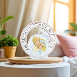 SACRA FAMIGLIA PICCOLA ICONA DA APPOGGIO CON SCRITTE BOMBONIERE BATTESIMO