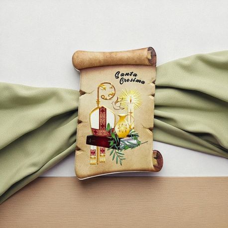 MAGNETE PERGAMENA CON SCRITTA SANTA CRESIMA E SIMBOLI SACRI
