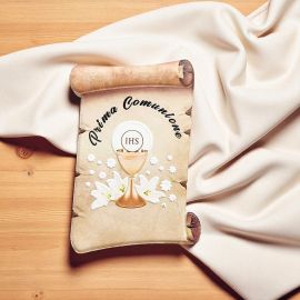 CALAMITA PRIMA COMUNIONE CON CALICE, OSTIA E SCRITTA PRIMA COMUNIONE