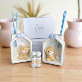 BOMBONIERA NASCITA BAMBINO: DIFFUSORE A FORMA DI CASETTA CON ORSETTO SOGNI E AMORE