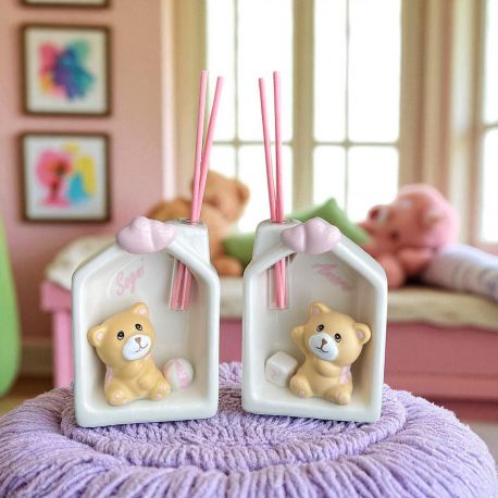 BOMBONIERA BATTESIMO BAMBINA PROFUMATORE CASETTA E ORSETTO