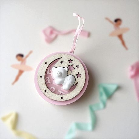 APPENDINI ROSA IN LEGNO CON LUNA E STELLE ORSETTO IN GESSO