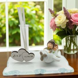 DIFFUSORE ESSENZE IN VETRO CON STATUINA SPOSI TEMA VIAGGIO BOMBONIERE PERSONALIZZABILE NOZZE