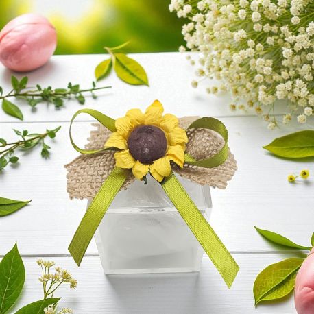 SCATOLINA PORTACONFETTI CON NASTRO JUTA E VERDE CON GIRASOLE