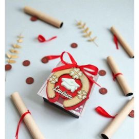 PORTACONFETTI LAUREA IN PLEXIGLASS CON FERRO DI CAVALLO, QUADRIFOGLIO E TOCCO