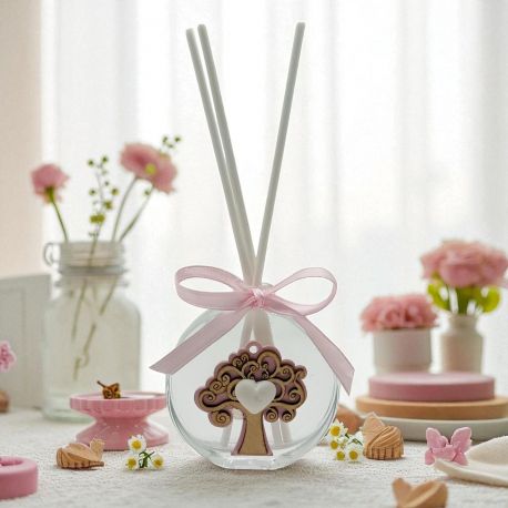 PROFUMATORE IN VETRO CON ALBERO DELLA VITA ROSA E CUORE BIANCO
