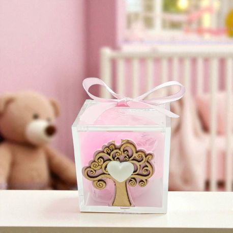 SCATOLA PORTACONFETTI IN PLEXIGLASS CON ALBERO DELLA VITA ROSA