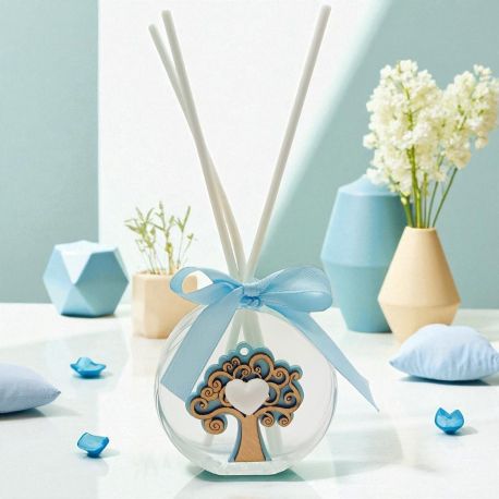 PROFUMATORE TONDO VETRO ALBERO DELLA VITA CELESTE CON CUORE BIANCO