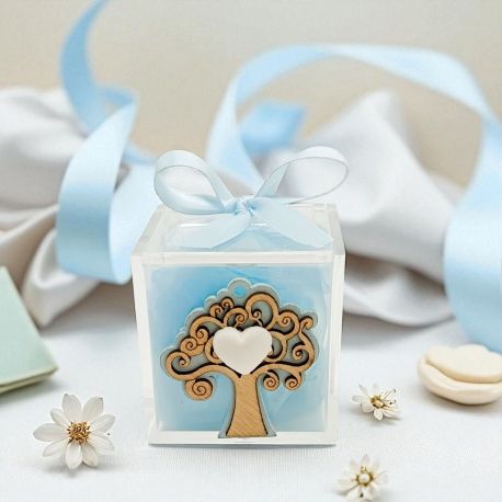 SCATOLINA IN PLEXIGLASS CON ALBERO DELLA VITA CELESTE E CUORICINO BIANCO