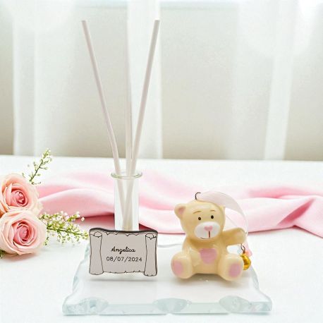 DIFFUSORE ESSENZE CON ORSETTO IN PORCELLANA PER BATTESIMO PRIMO COMPLEANNO BIMBA