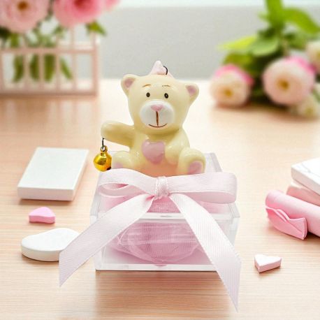 SCATOLINA PLEXIGLASS CON ORSETTO ROSA PER NASCITA E PRIMO COMPLEANNO BIMBA