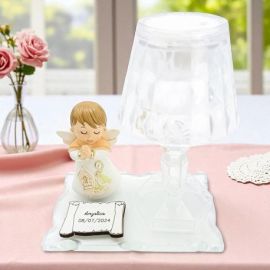 BASE VETRO CON LUMETTO E ANGIOLETTO CON SIMBOLI SACRI SANTA CRESIMA PERSONALIZZABILE