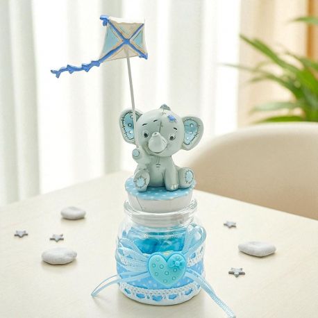 PORTACONFETTI ELEFANTINO CELESTE IN VETRO CON TAPPO IN SUGHERO