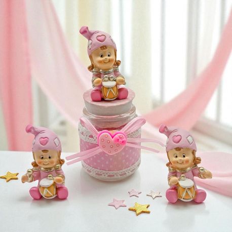 PORTACONFETTI VETRO CON BIMBA ROSA E DECORI IN PIZZO E POIS