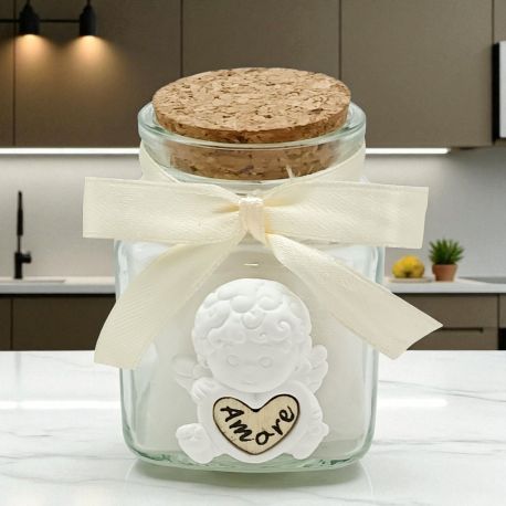 VASETTO CON ANGIOLETTO E CUORE PER NASCITA BATTESIMO O COMUNIONE