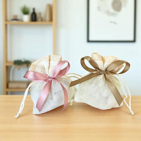 SACCHETTINO TONDO IN JUTA PANNA CON BORDO BEIGE E CHIUSURA A TIRANTI