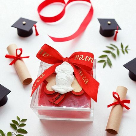 SCATOLINA PLEXIGLASS PORTACONFETTI CON GUFO TRIFOGLIO E SCRITTA LAUREA