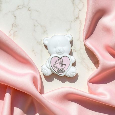 ORSETTO STATUINA GESSETTO DECORATIVO CUORE IN LEGNO BOMBONIERE NASCITA BIMBA ROSA FAI DA TE