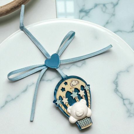 APPENDINO MONGOLFIERA CON TENERO ORSETTO CON DETTAGLI CELESTE, NASCITA BIMBO