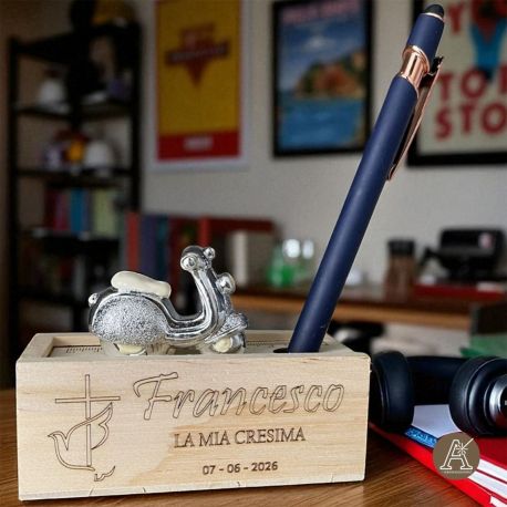 PORTACONFETTI IN LEGNO CON RIGHELLO E MINI VESPA ARGENTATA BOMBONIERE ORIGINALI