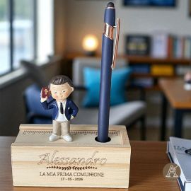 SCATOLETTA PORTA CONFETTI IN LEGNO CON RIGHELLO E BIMBO COMUNIONE BOMBONIERE ORIGINALI