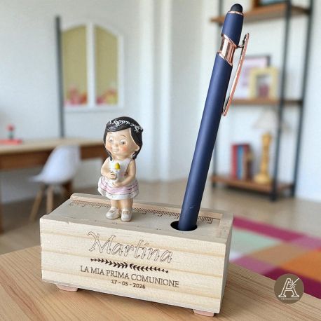 PORTACONFETTI SCATOLINE IN LEGNO CON BAMBINA E RIGHELLO BOMBONIERE COMUNIONE