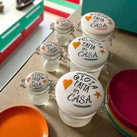 BARATTOLINI PORTA CONFETTI IN VETRO CON TAPPO ERMETICO, DECORAZIONI E FRASI ASSORTITE