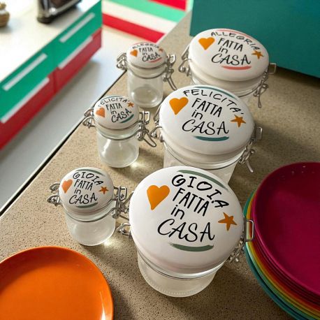 BARATTOLINI PORTA CONFETTI IN VETRO CON TAPPO ERMETICO, DECORAZIONI E FRASI ASSORTITE