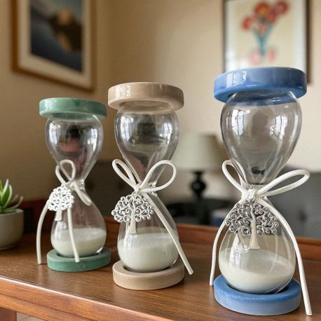 CLESSIDRE CON SUPPORTI COLORATI E CIONDOLO ALBERO DELLA VITA BOMBONIERE ORIGINALI ED ECONOMICHE