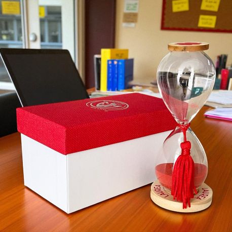 BOMBONIERA CLESSIDRA SABBIA E NAPPINA ROSSA PER LA LAUREA