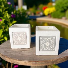 PORTACANDELE CUBO DECORAZIONE MAIOLICA GRIGIO/TORTORA - PRIMA COMUNIONE/MATRIMONIO