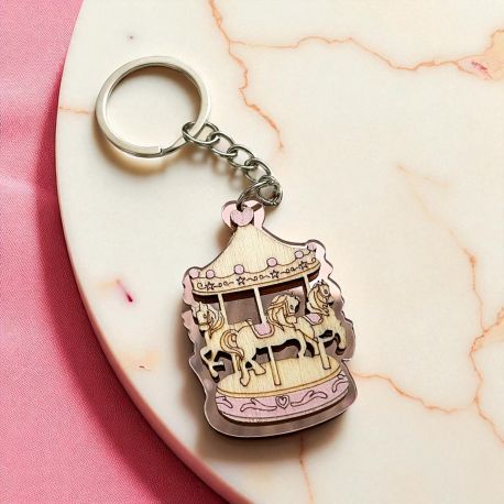 PORTACHIAVI GIOSTRINA CON CAVALLI SU SFONDO ROSA SEGNAPOSTO BATTESIMO