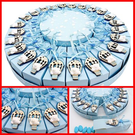 TORTA DI BOMBONIERE NASCITA CELESTE CON ORSETTO CON MONGOLFIERA