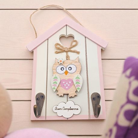 APPENDINO DA MURO PER CAMERETTA GUFO ROSA BATTESIMO PREZZI BASSI BOMBONIERE BAMBINA