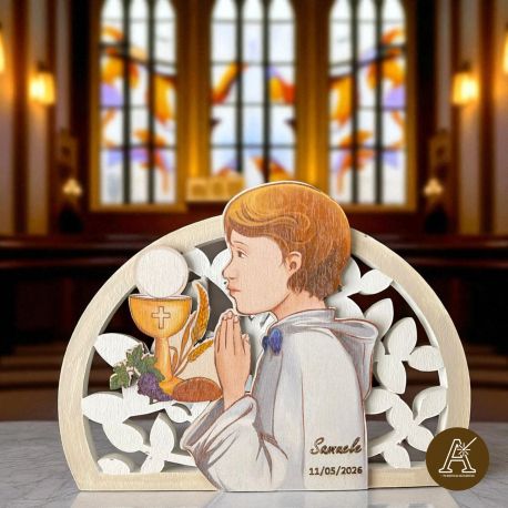 QUADRETTO RESINA E LEGNO DIPINTO CON BAMBINO E SIMBOLI COMUNIONE BOMBONIERE ECONOMICHE