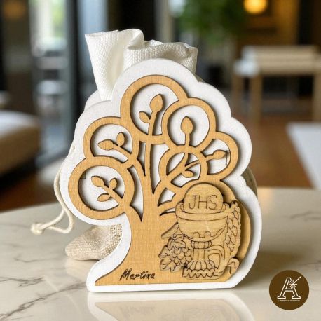 SCATOLINE PORTACONFETTI IN LEGNO ALBERO DELLA VITA E SIMBOLI COMUNIONE CON SACCHETTO CALICE E OSTIA
