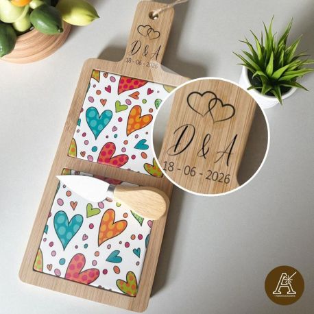 TAGLIERE IN LEGNO CON MATTONELLE IN CERAMICA DECORATA CUOREMATTO - IDEA REGALO SOLIDALE PER MATRIMONI E ANNIVERSARI