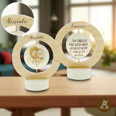 ICONE GIREVOLI CON SACRA FAMIGLIA E FRASE IN LEGNO E RESINA