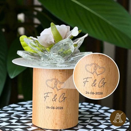 BOMBONIERE MATRIMONIO E ANNIVERSARIO CON FIORE IN CRISTALLO E ROSELLINA TORTORA