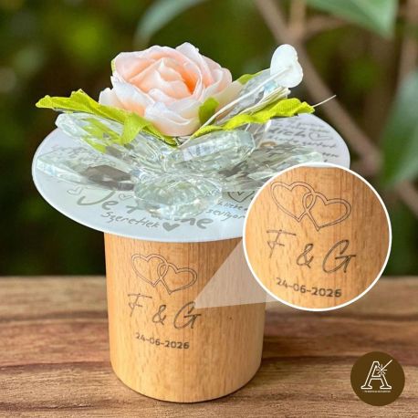 FIORE IN CRISTALLO CON BOCCIOLO PESCA E SCRITTA TI AMO BOMBONIERE PERSONALIZZABILI