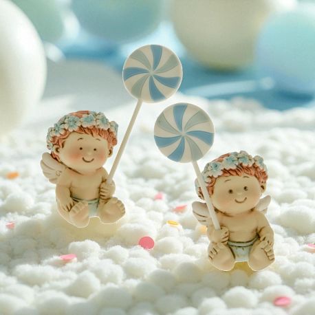 STATUINE ANGIOLETTI IN RESINA CON GIRANDOLA BIANCA E CELESTE PENSIERINI NASCITA BIMBO