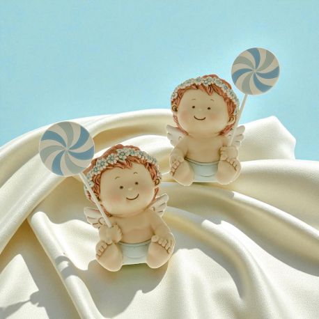 SALVADANAIO ANGIOLETTO IN RESINA CON PANNOLINO E CORONCINA DI FIORI BOMBONIERE BATTESIMO MASCHIETTO
